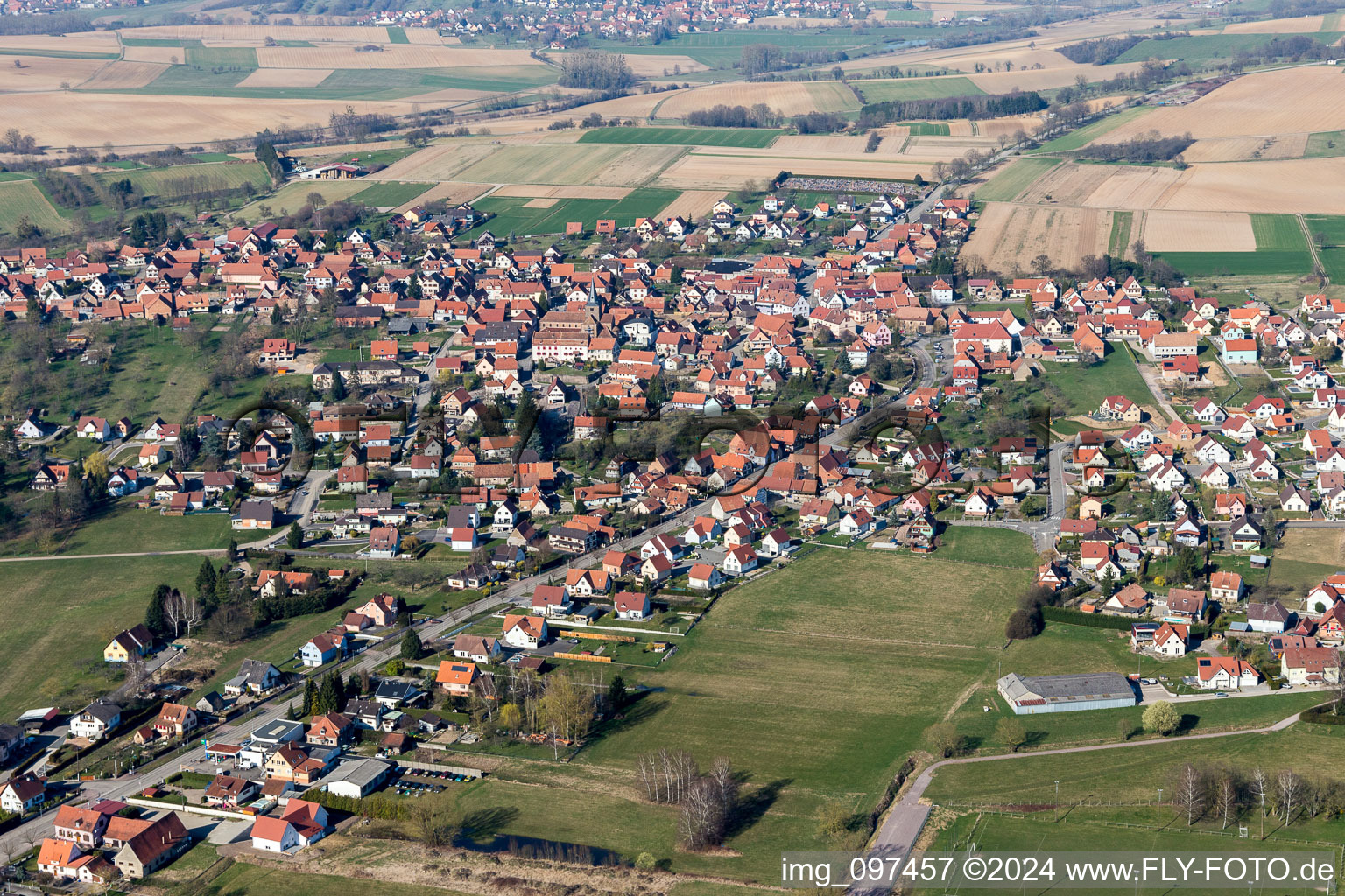 Aerial view of Town View of the streets and houses of the residential areas in Surbourg in Grand Est, France