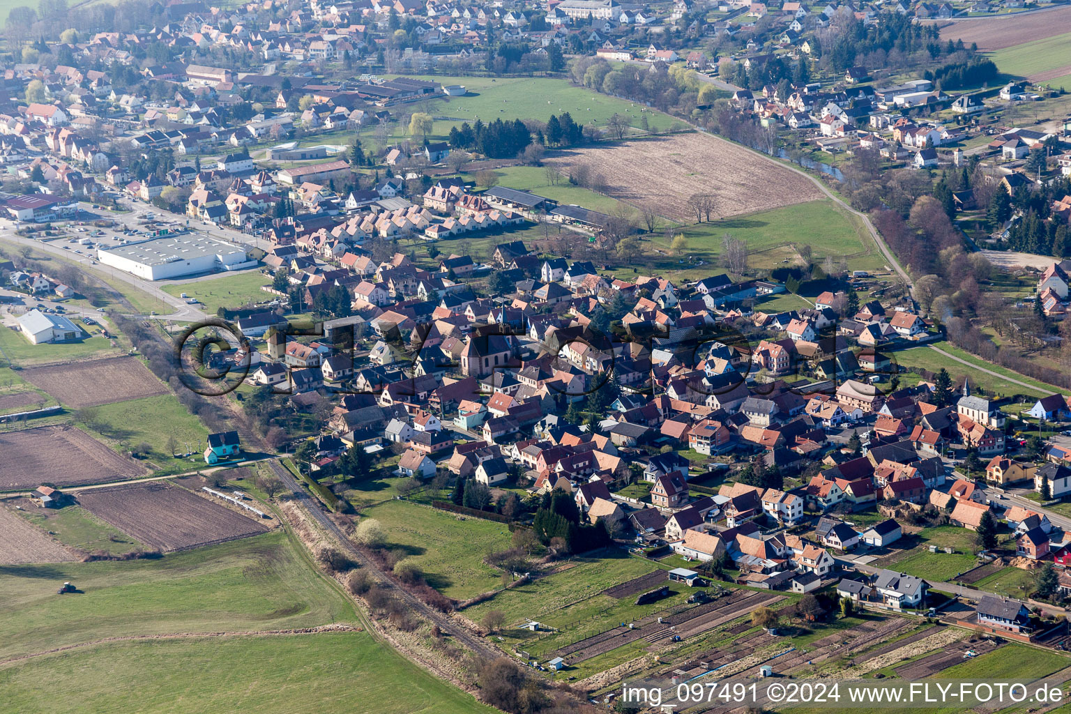 Aerial view of Niedermodern in the state Bas-Rhin, France