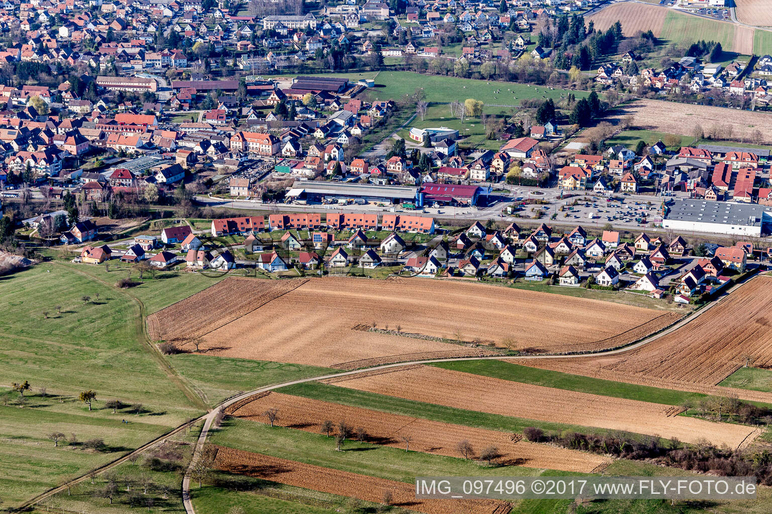 Aerial view of Settlement area in Niedermodern in Grand Est, France