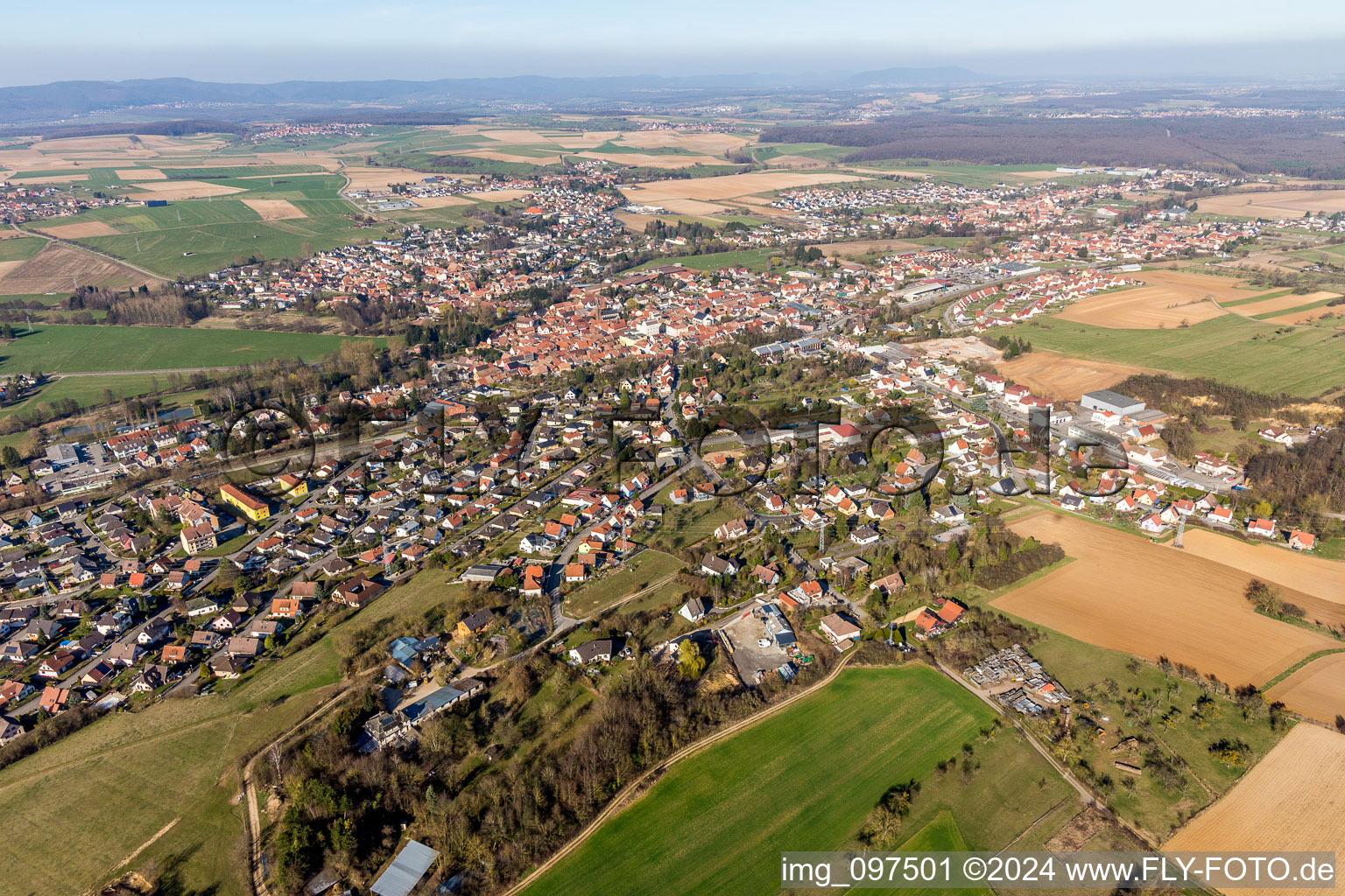 Aerial view of Town View of the streets and houses of the residential areas in Pfaffenhoffen in Grand Est, France