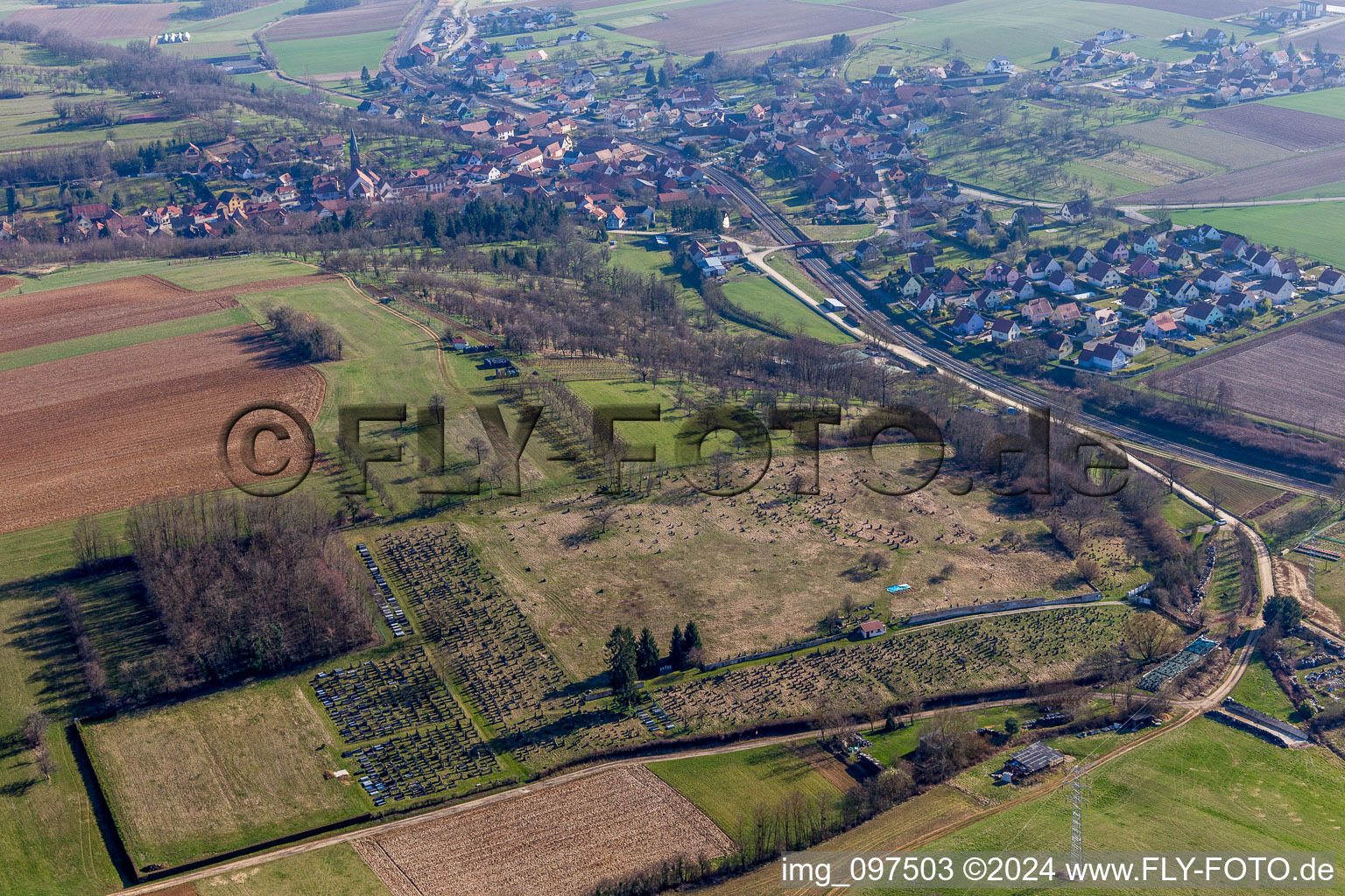 Grave rows on the grounds of the cemetery in Ettendorf in Grand Est, France