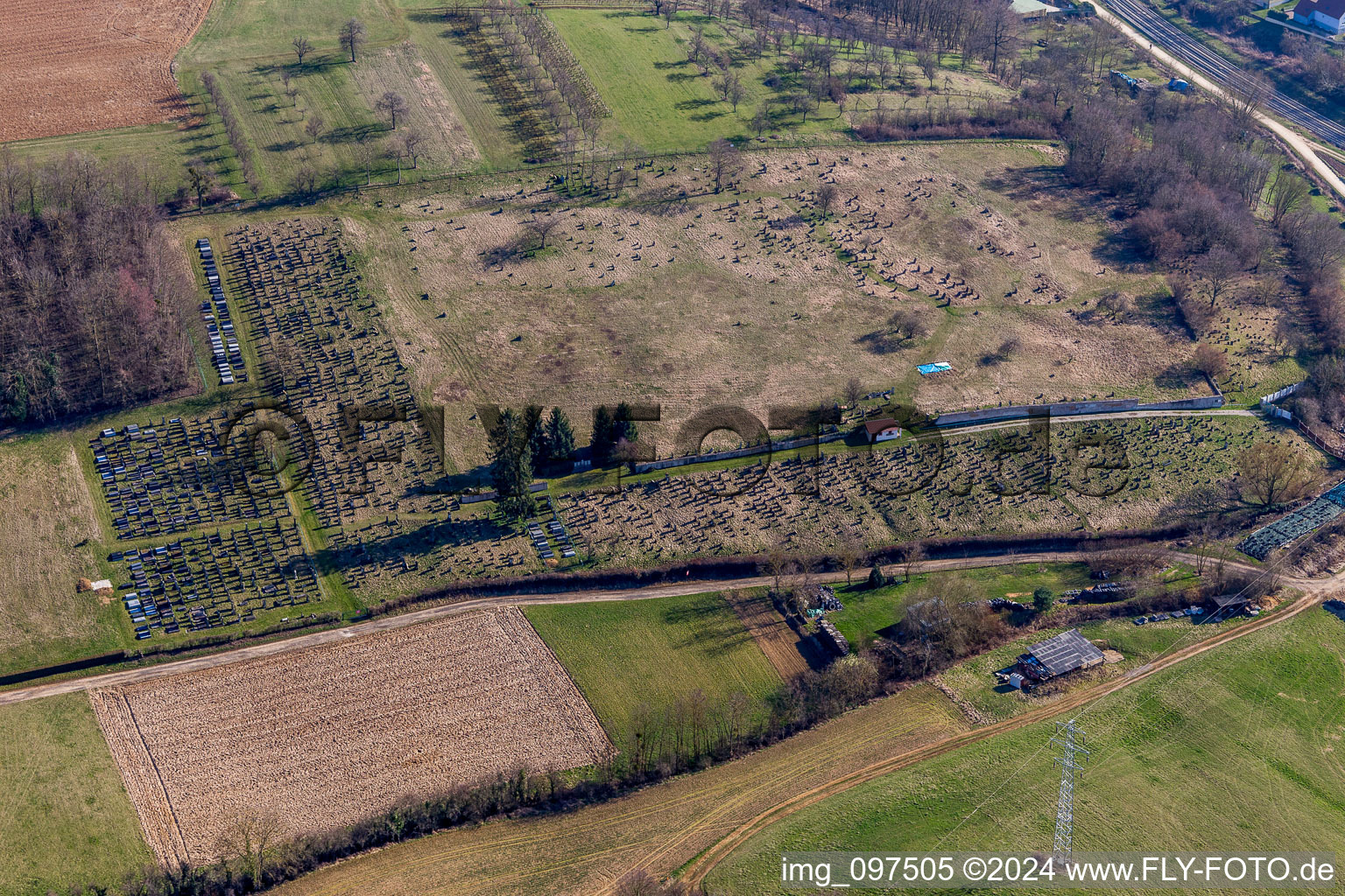 Aerial view of Grave rows on the grounds of the cemetery in Ettendorf in Grand Est, France