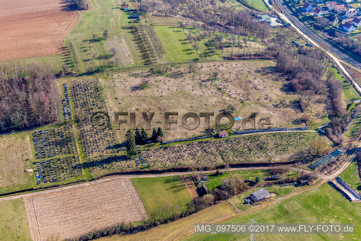 Aerial photograpy of Grave rows on the grounds of the cemetery in Ettendorf in Grand Est, France