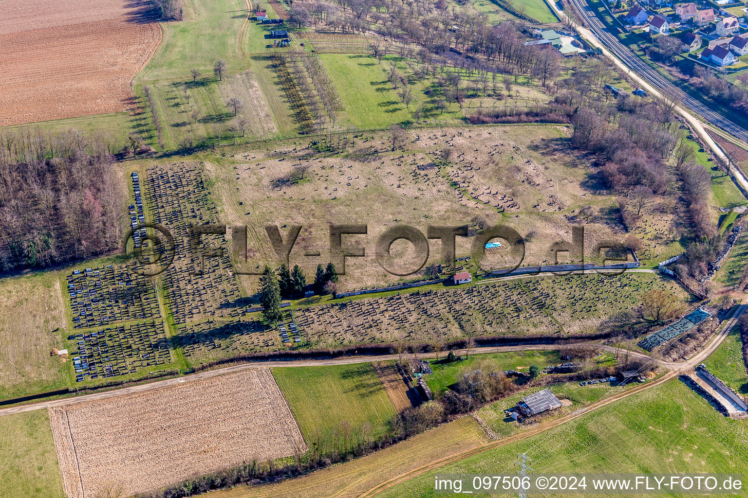 Aerial photograpy of Grave rows on the grounds of the cemetery in Ettendorf in Grand Est, France