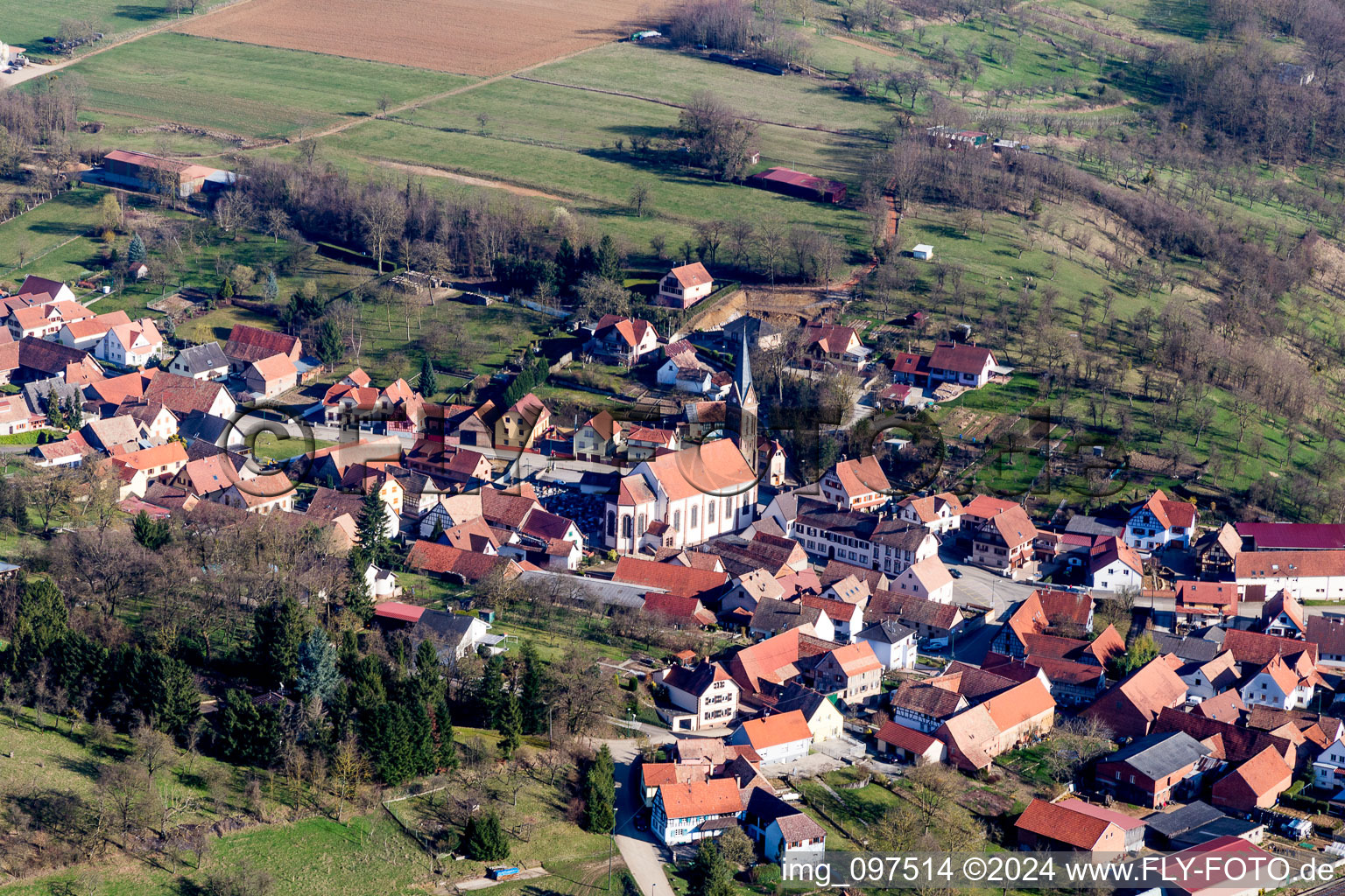 Aerial view of Church building in the village of in Ettendorf in Grand Est, France