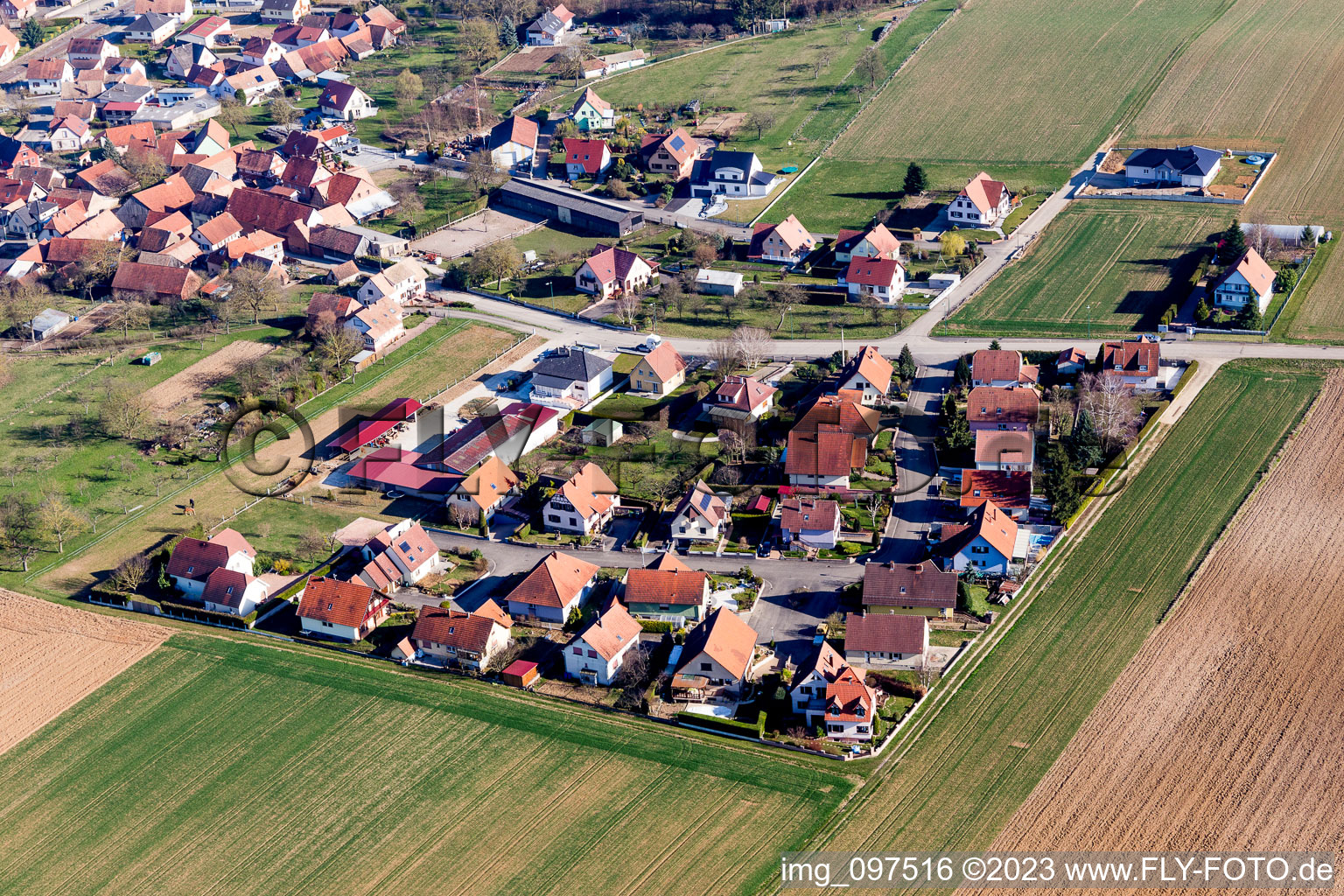 Aerial view of Ettendorf in the state Bas-Rhin, France