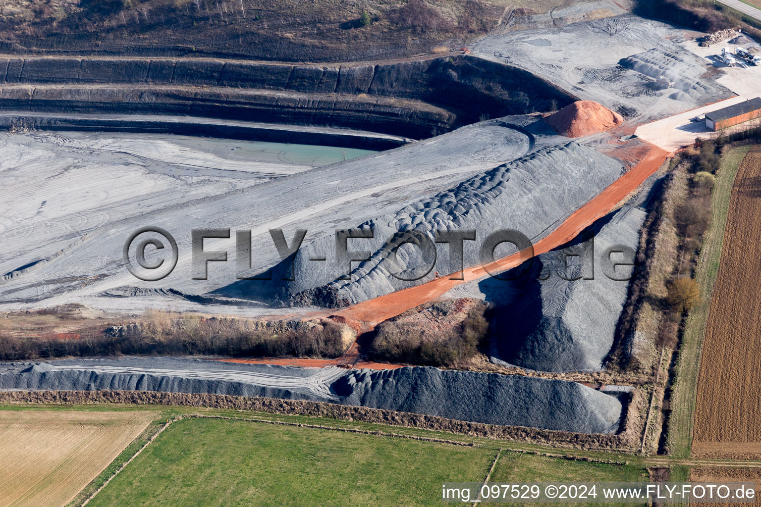 Oblique view of Site and tailings area of the gravel mining in Lixhausen in Grand Est, France