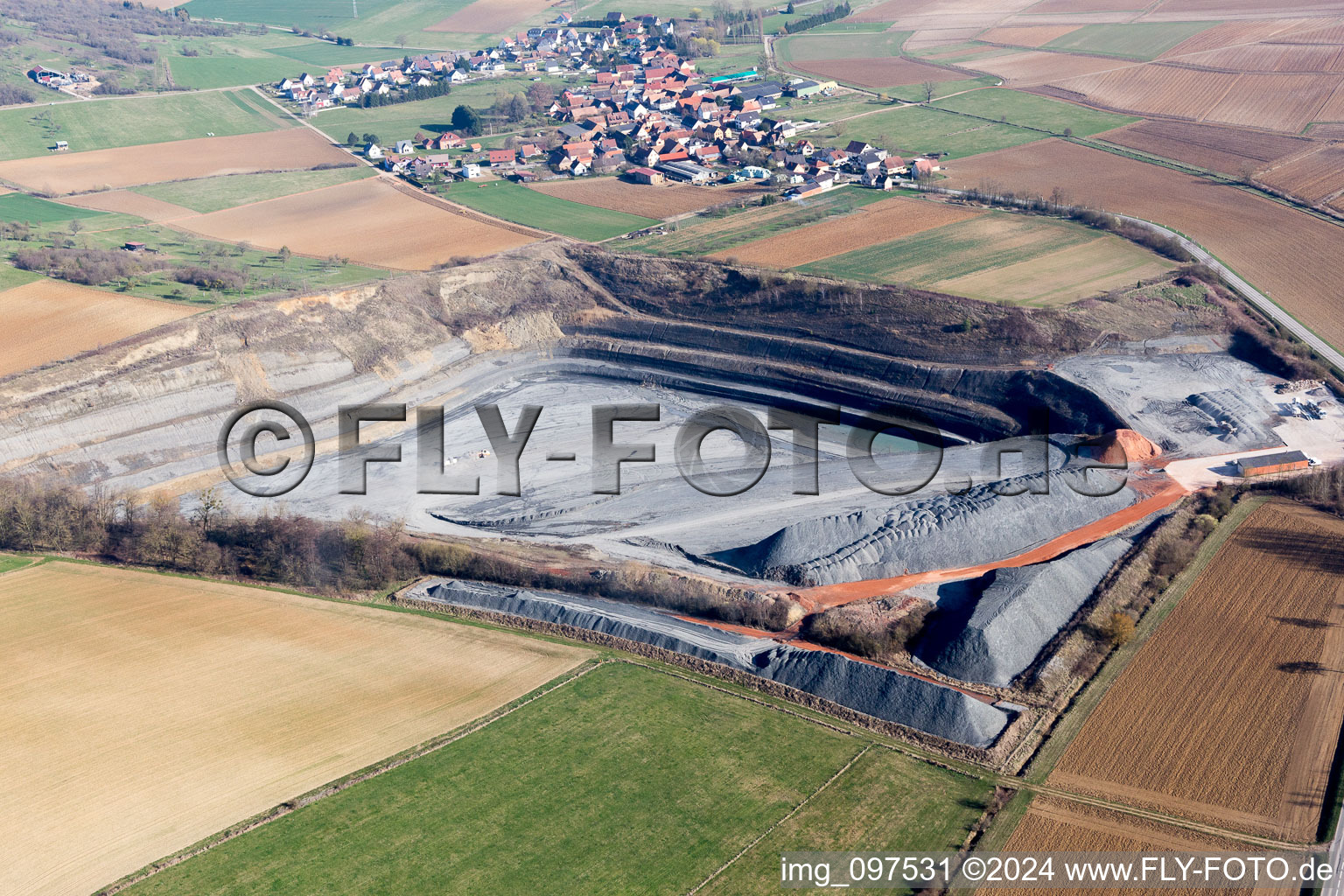 Site and tailings area of the gravel mining in Lixhausen in Grand Est, France out of the air