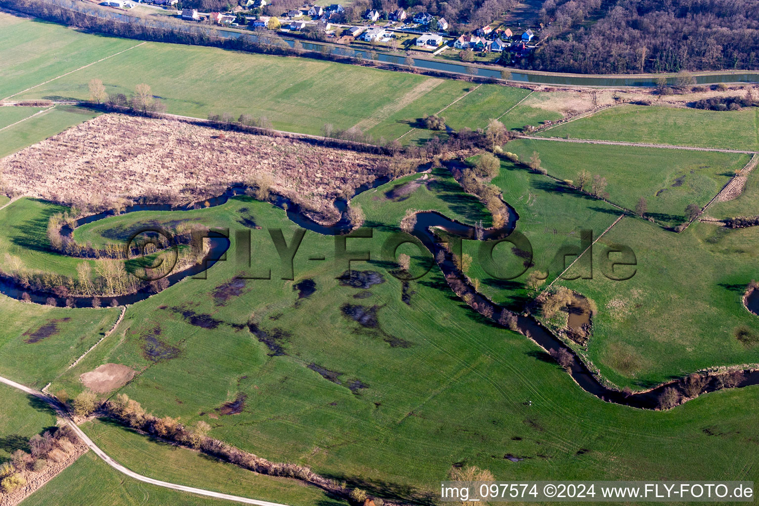 Meandering, serpentine curve of a river Zorn in Hochfelden in Grand Est, France