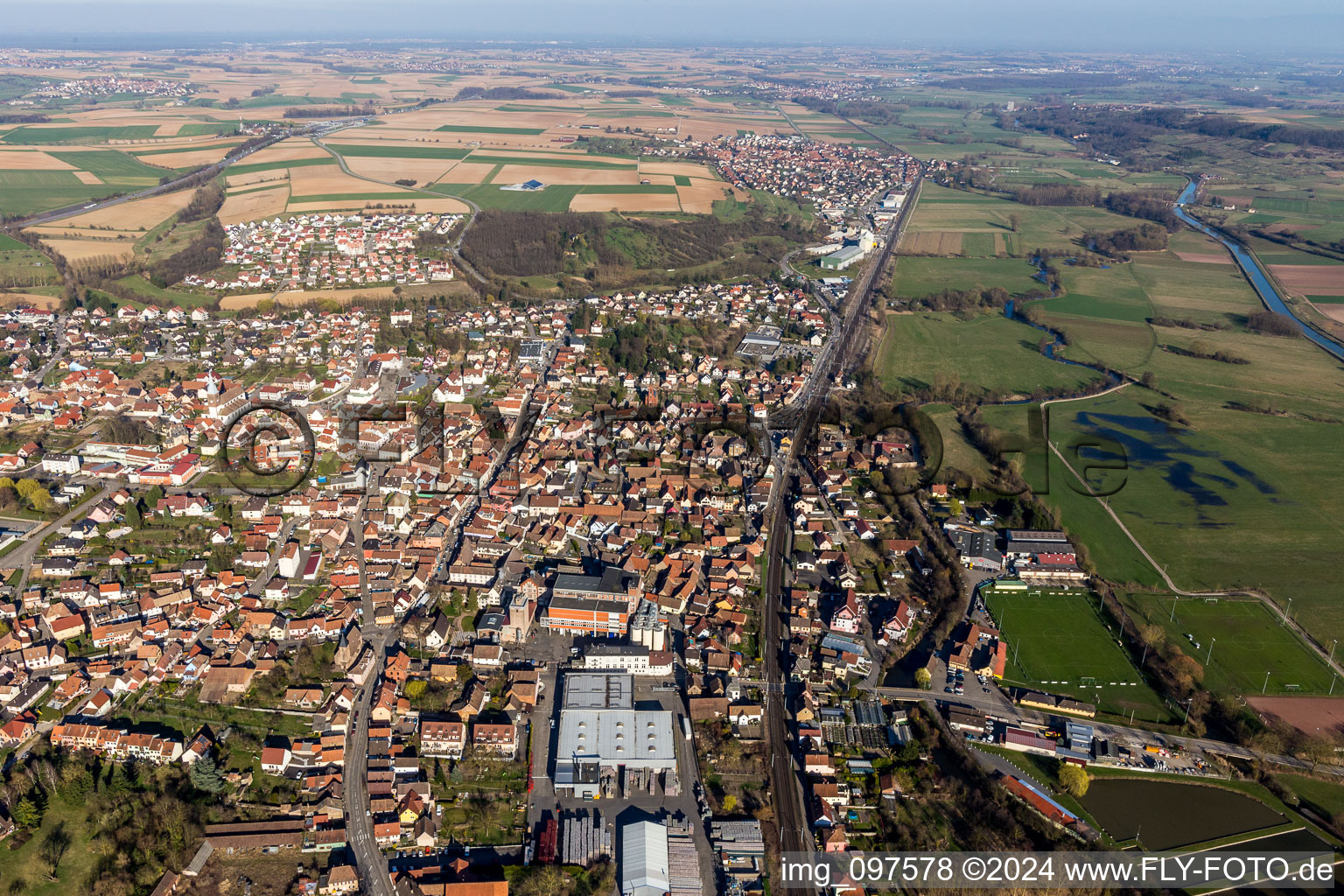 Aerial photograpy of Town View of the streets and houses of the residential areas in Hochfelden in Grand Est, France