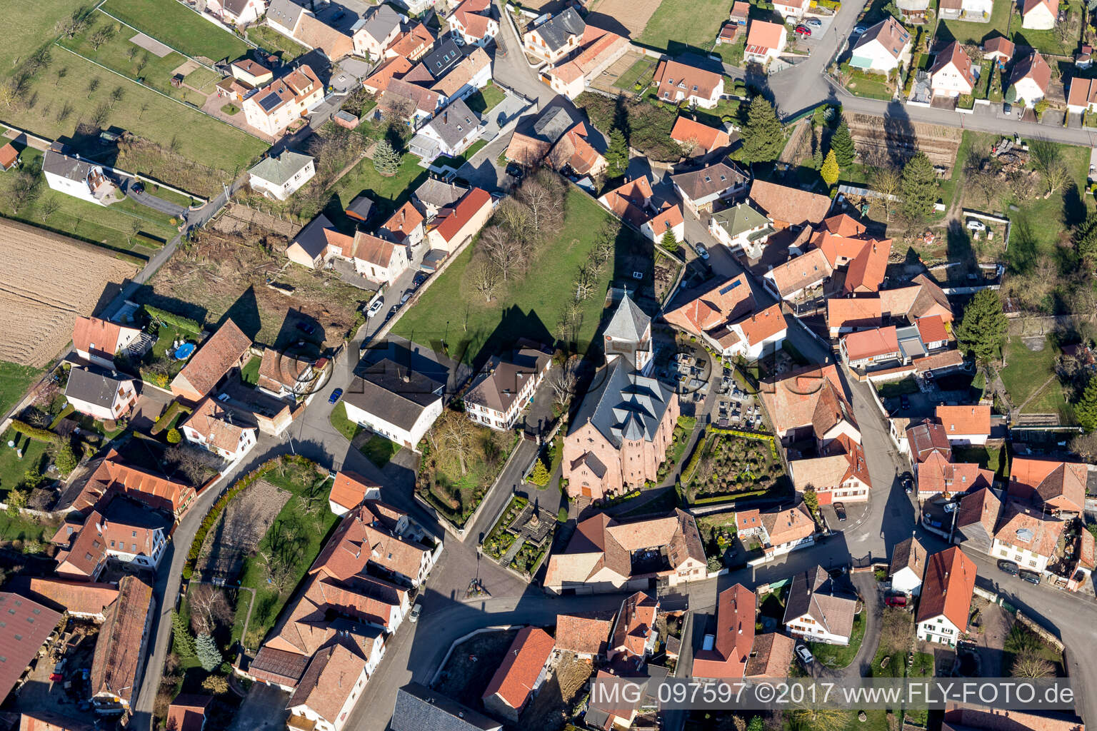 Aerial view of Schwindratzheim in the state Bas-Rhin, France