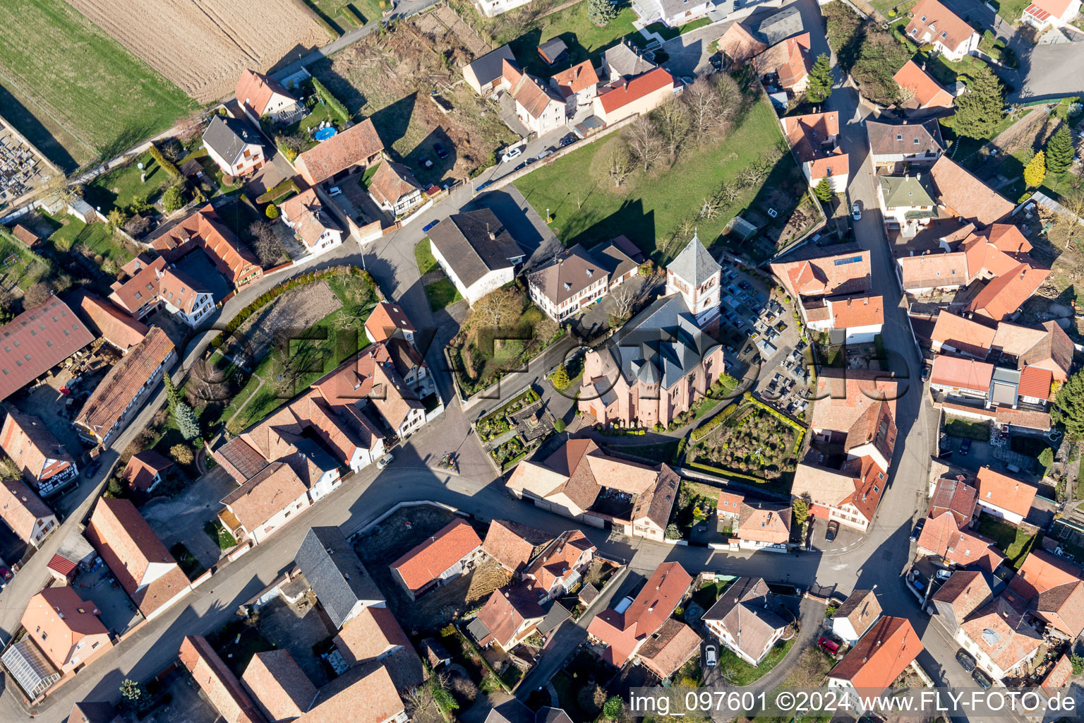 Oblique view of Schwindratzheim in the state Bas-Rhin, France