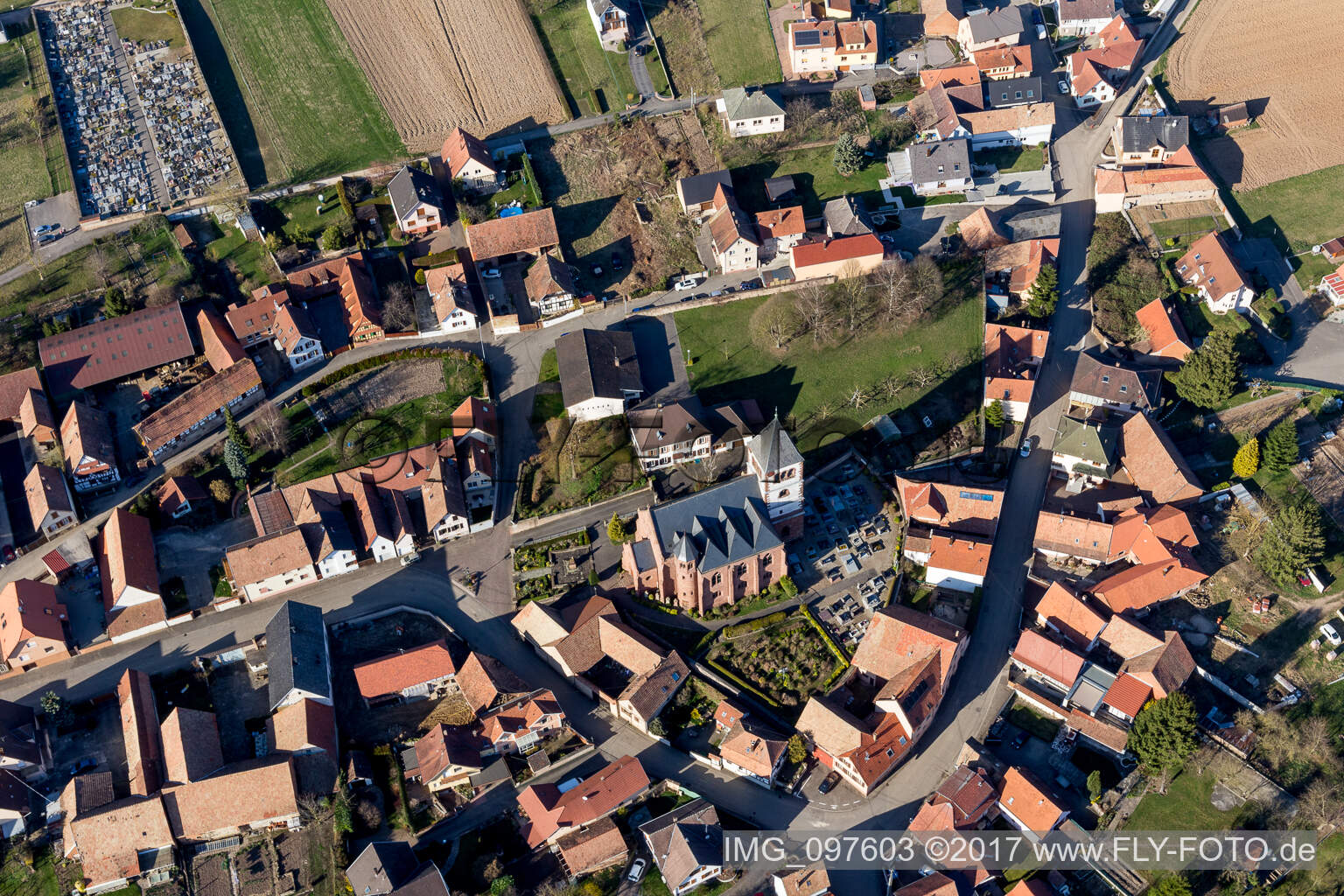 Schwindratzheim in the state Bas-Rhin, France from above