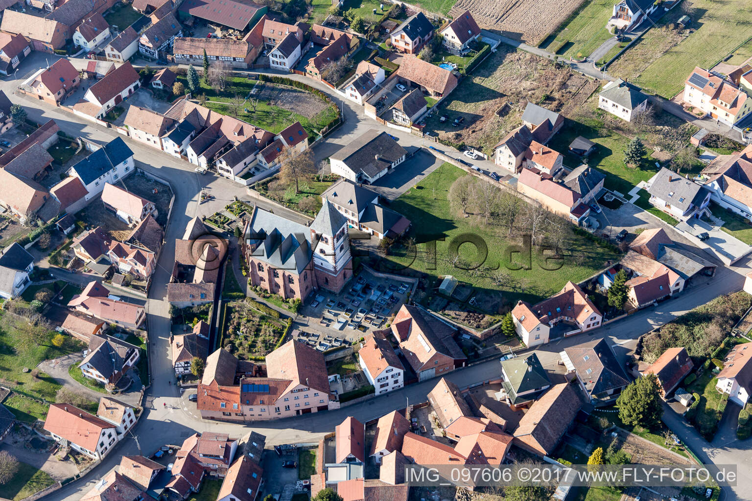 Schwindratzheim in the state Bas-Rhin, France seen from above