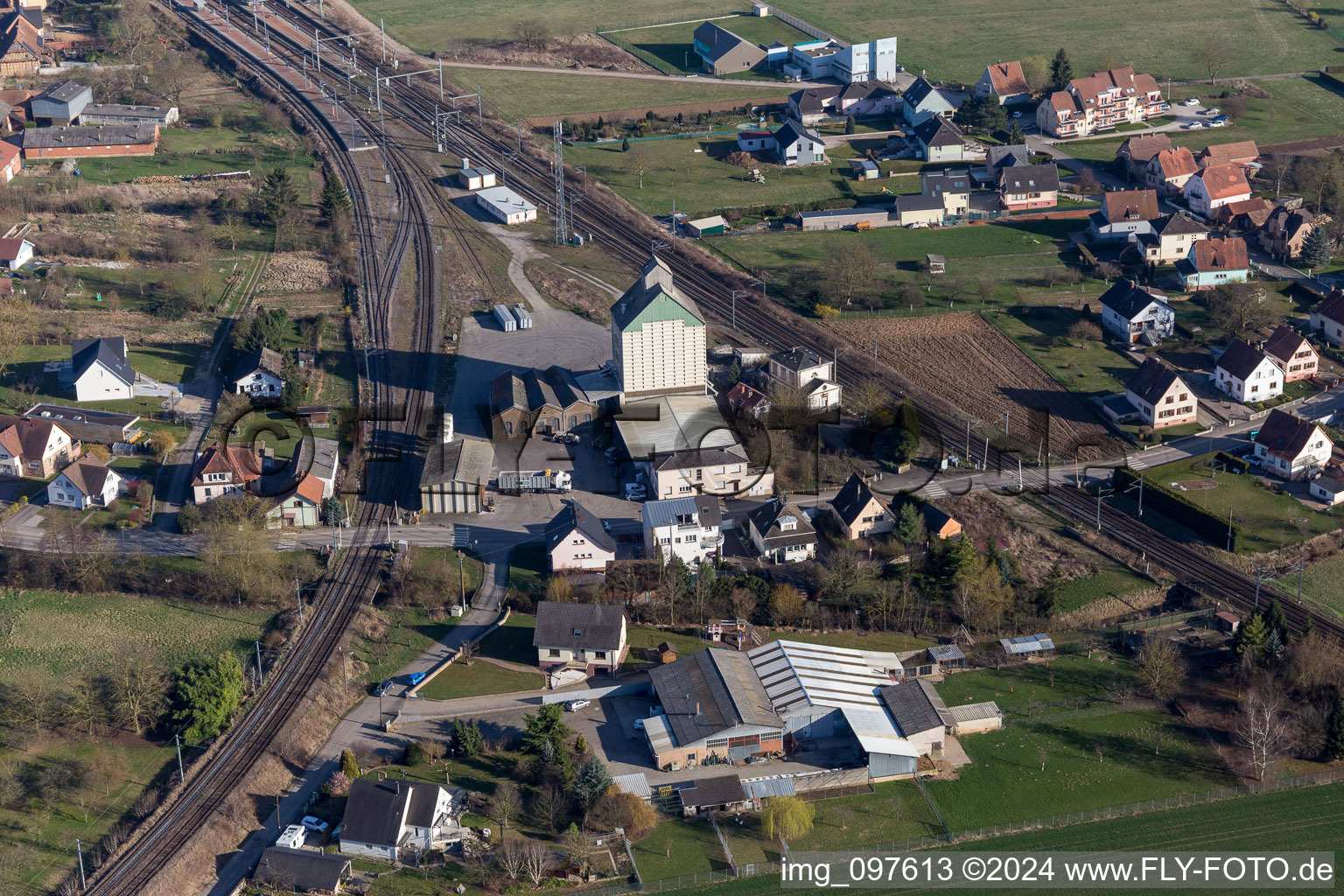 Aerial view of Routing the railway junction of rail and track systems SNCF in Mommenheim in , France