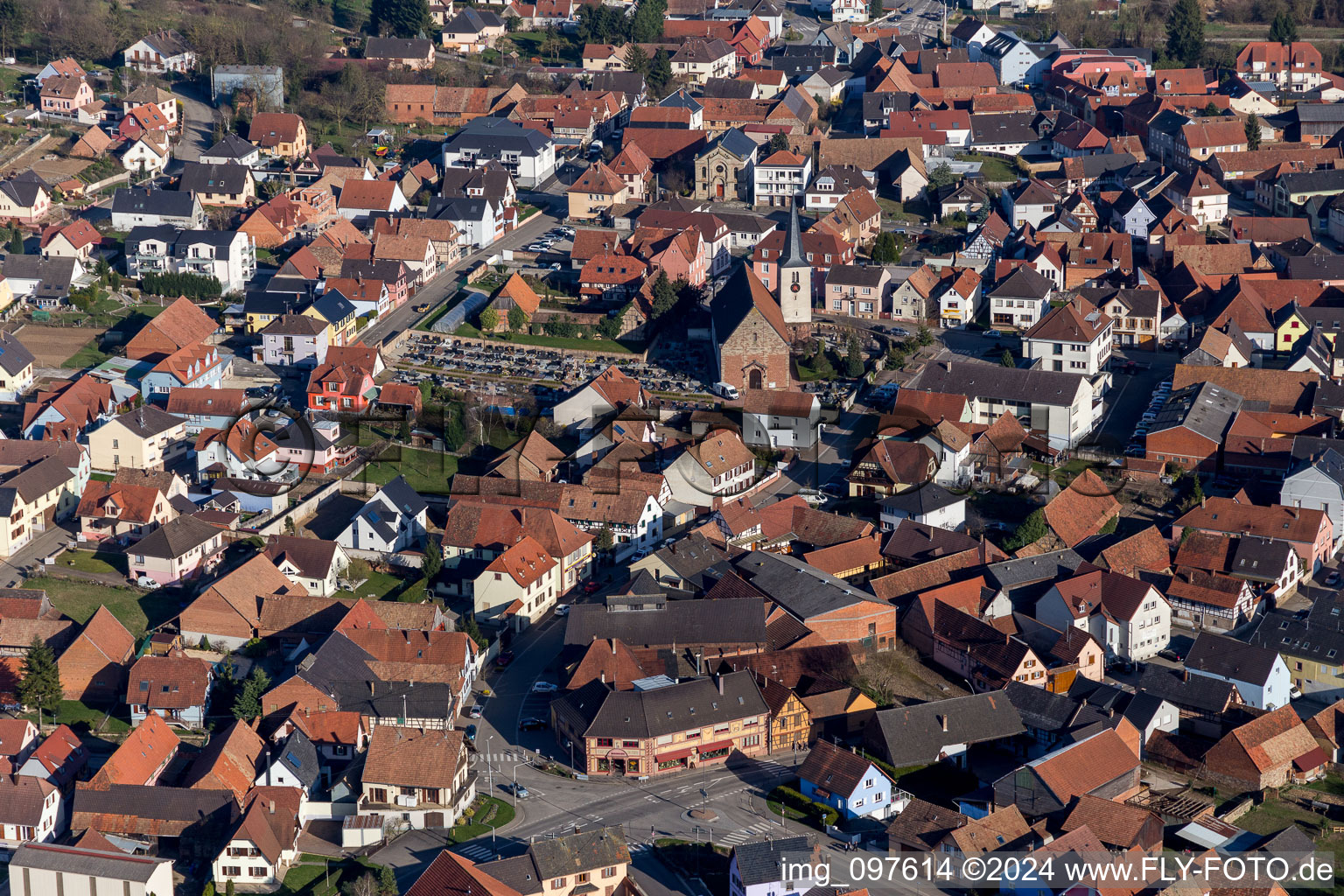 Schwindratzheim in the state Bas-Rhin, France viewn from the air