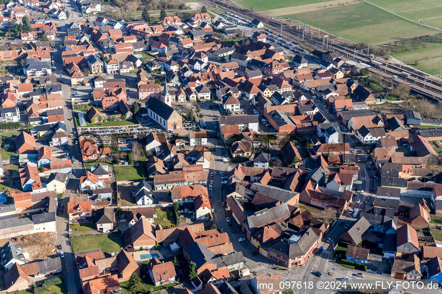 Aerial view of Village view in Mommenheim in the state Bas-Rhin, France