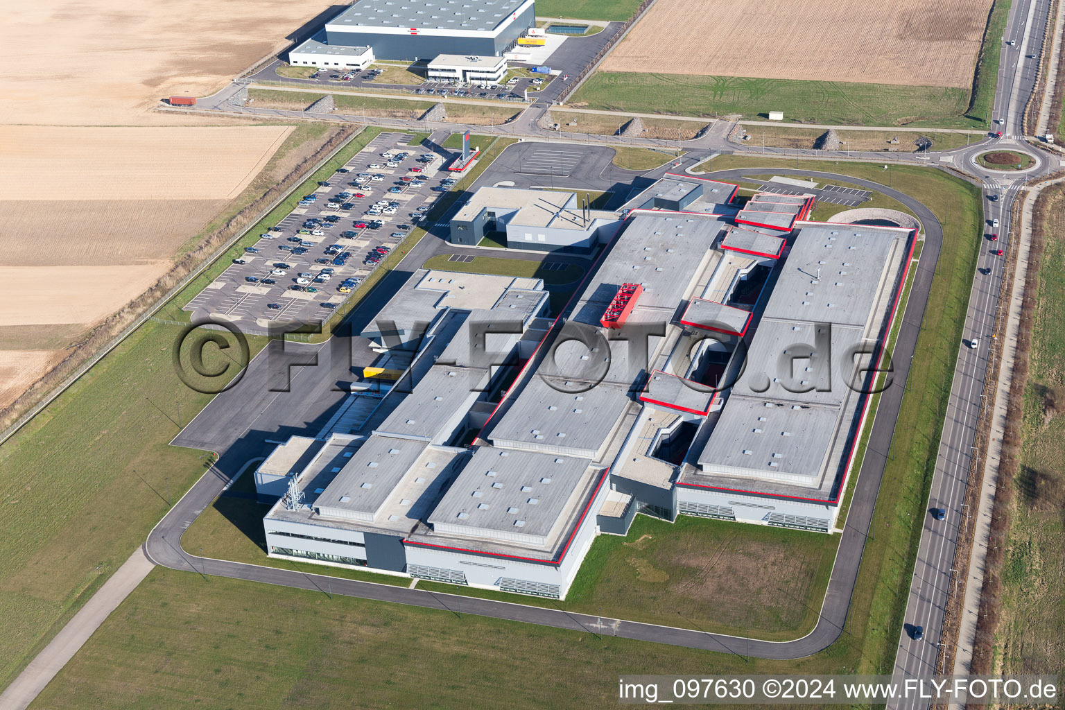 Aerial view of Building and production halls on the premises of SEW-USOCOME usine de Brumath in Bernolsheim in Grand Est, France