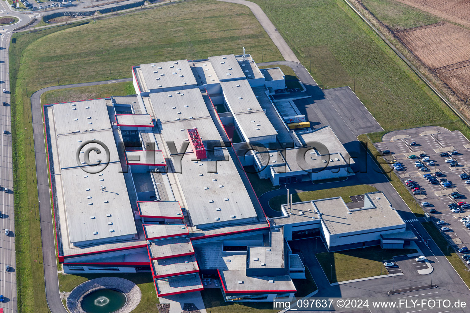 Building and production halls on the premises of SEW-USOCOME usine de Brumath in Bernolsheim in Grand Est, France from above