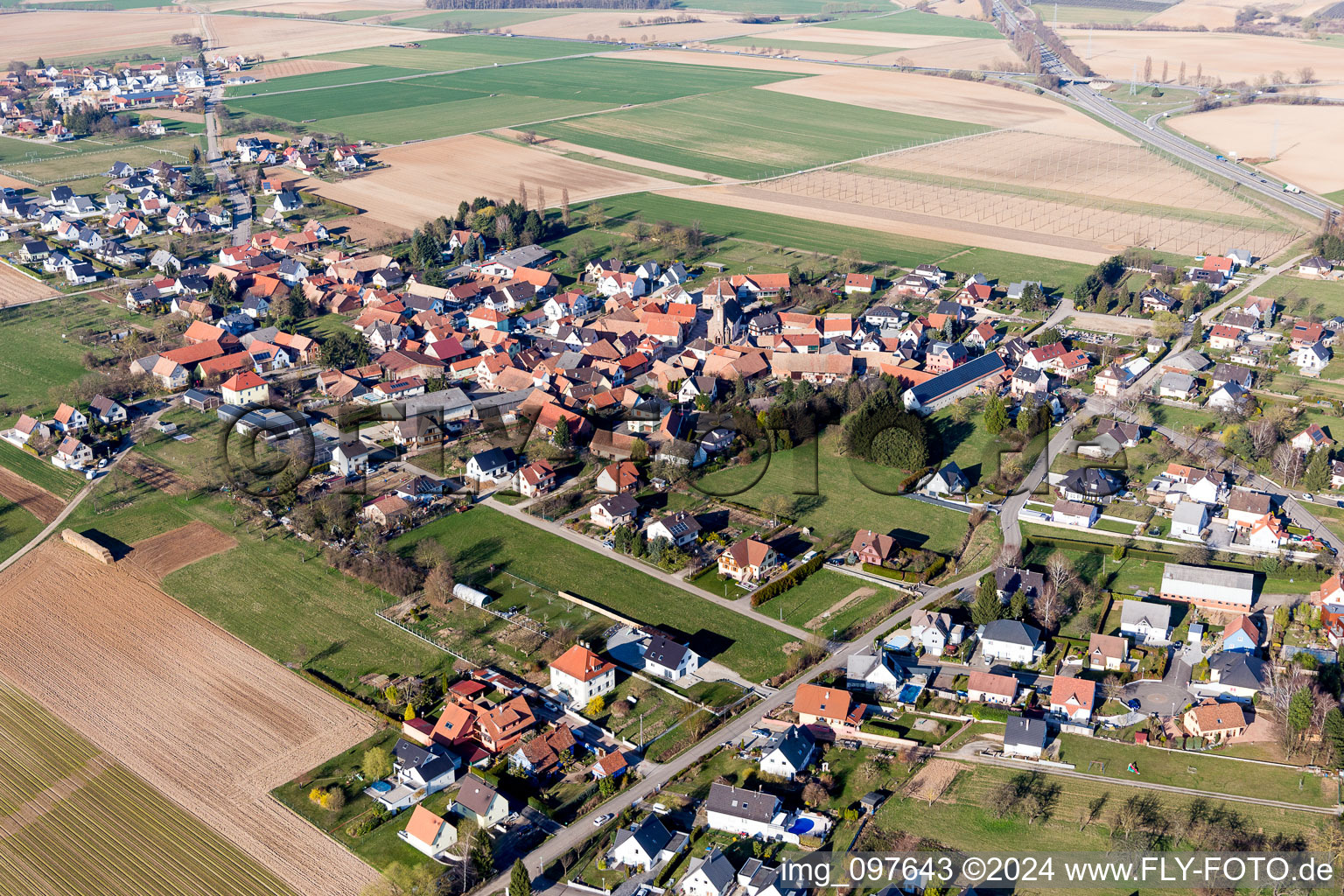 Aerial view of Bernolsheim in the state Bas-Rhin, France