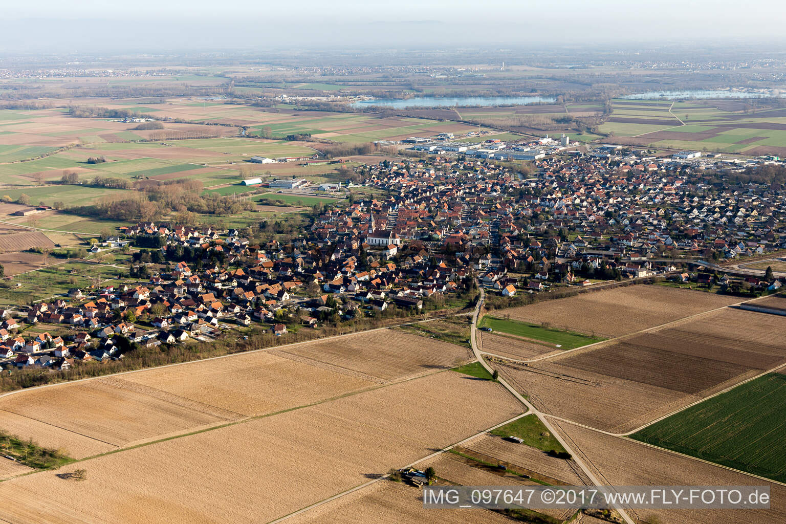 Aerial view of Weyersheim in the state Bas-Rhin, France