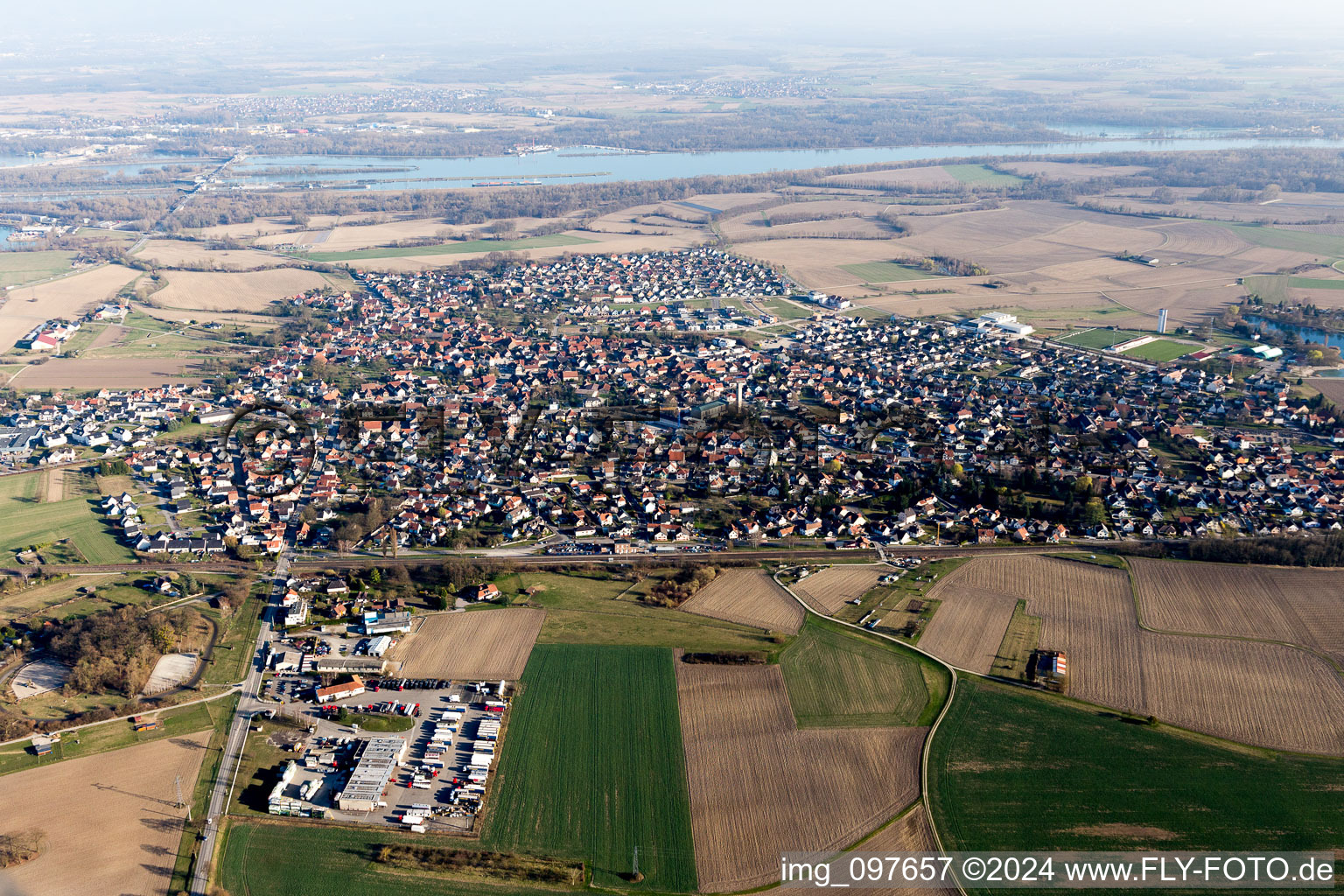 Gambsheim in the state Bas-Rhin, France seen from above