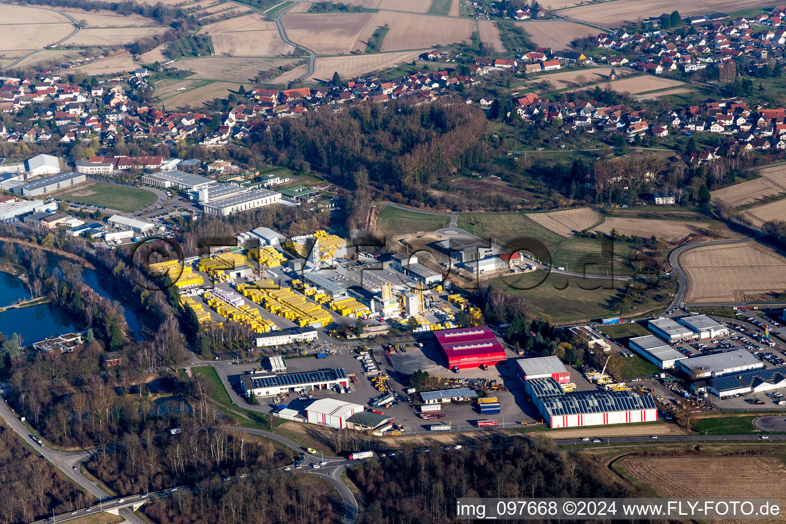 Aerial photograpy of Building and production halls on the premises of Xella Deutschland GmbH in the district Freistett in Rheinau in the state Baden-Wurttemberg, Germany