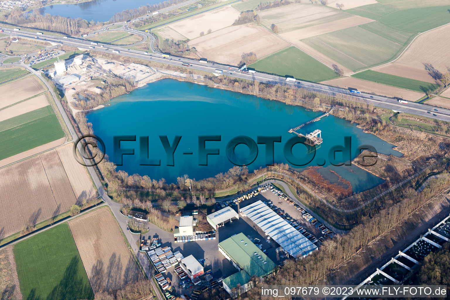 Aerial view of Gravel pit Achern in the district Fautenbach in Achern in the state Baden-Wuerttemberg, Germany