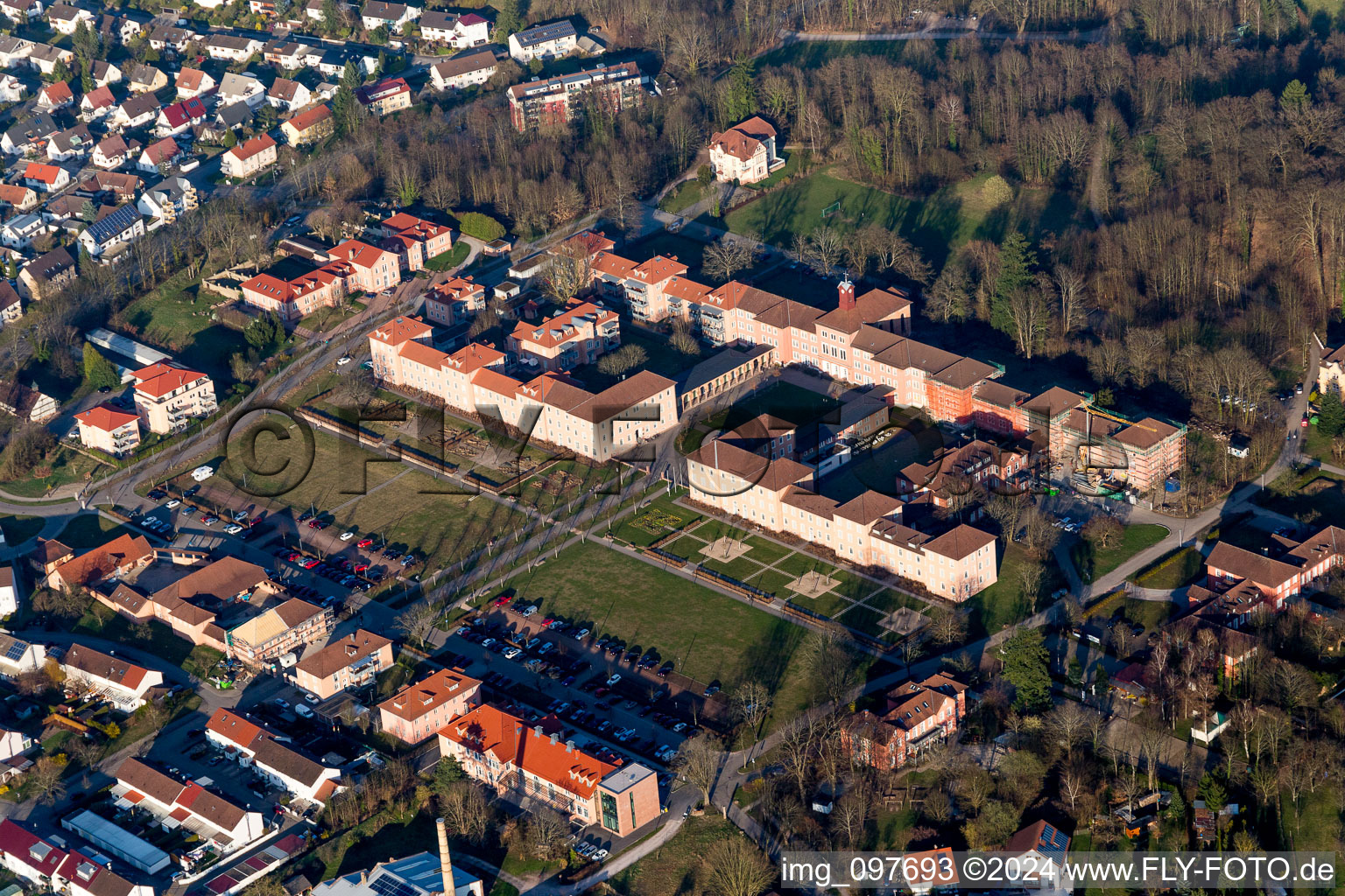 Aerial view of City administration Illenaueer Arkaden in the district Oberachern in Achern in the state Baden-Wuerttemberg, Germany