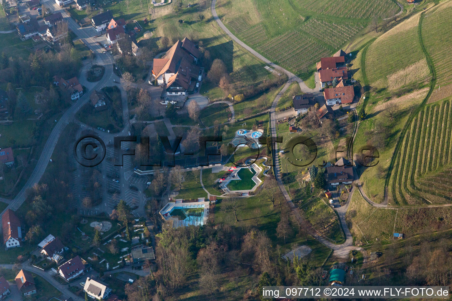 Aerial view of Adventure outdoor pool in Sasbachwalden in the state Baden-Wuerttemberg, Germany