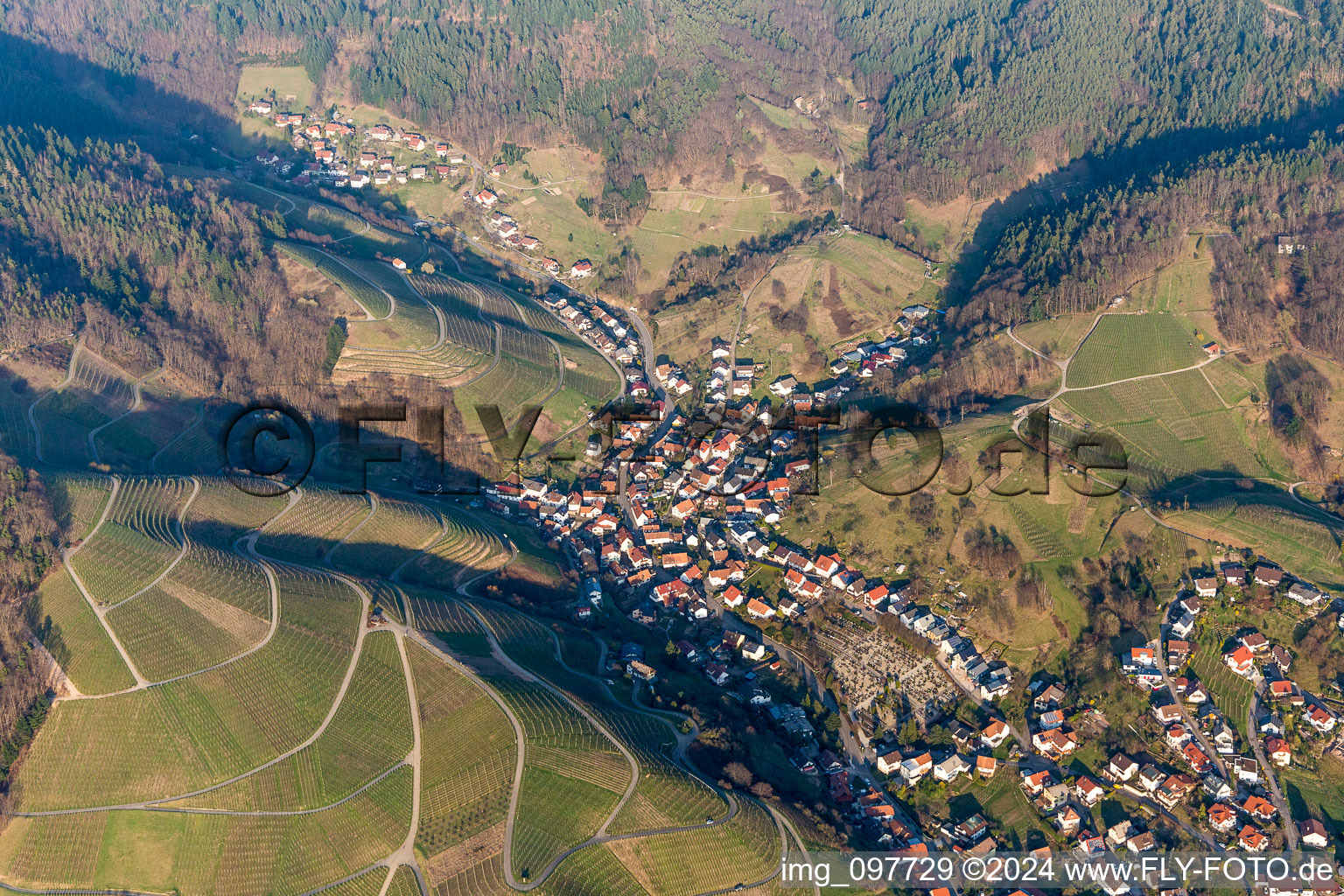 Village - view on the edge of wineayrds in the black forest in Buehlertal in the state Baden-Wurttemberg, Germany