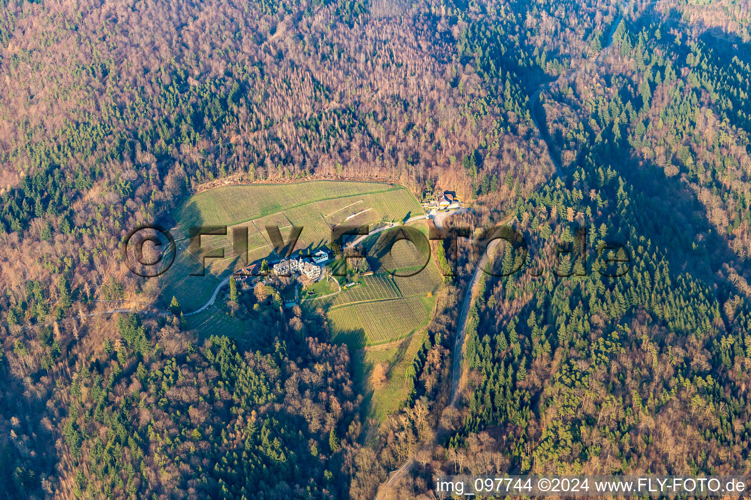 Aerial view of Fremersberg monastery estate, monastery tavern in Sinzheim in the state Baden-Wuerttemberg, Germany