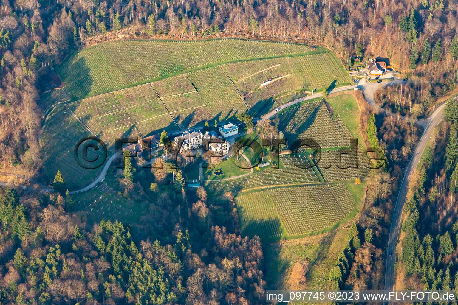 Aerial photograpy of Fremersberg monastery estate, monastery tavern in Sinzheim in the state Baden-Wuerttemberg, Germany