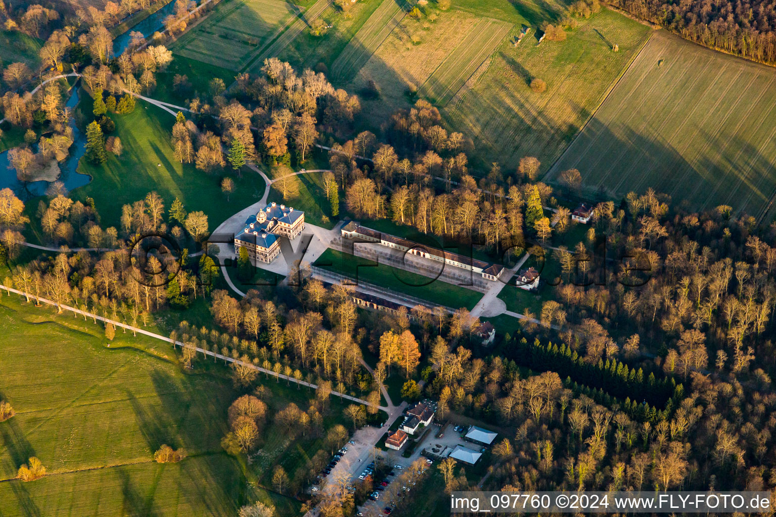 Aerial view of Castle Favorite at Förch in the district Förch in Rastatt in the state Baden-Wuerttemberg, Germany