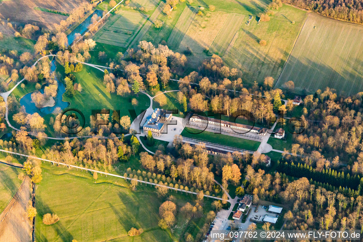 Aerial view of Building complex in the park of the castle Favorite in Rastatt in the state Baden-Wurttemberg, Germany