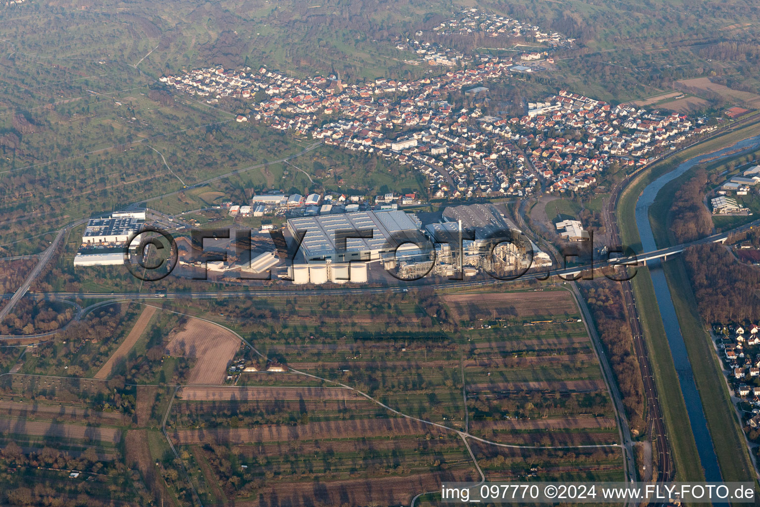 Oblique view of Industrial area in Bischweier in the state Baden-Wuerttemberg, Germany