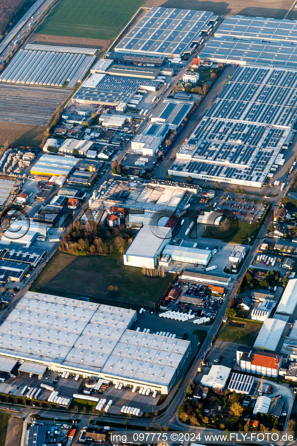 Industrial and commercial area on A5 with IHLE tires GmbH in Muggensturm in the state Baden-Wurttemberg, Germany