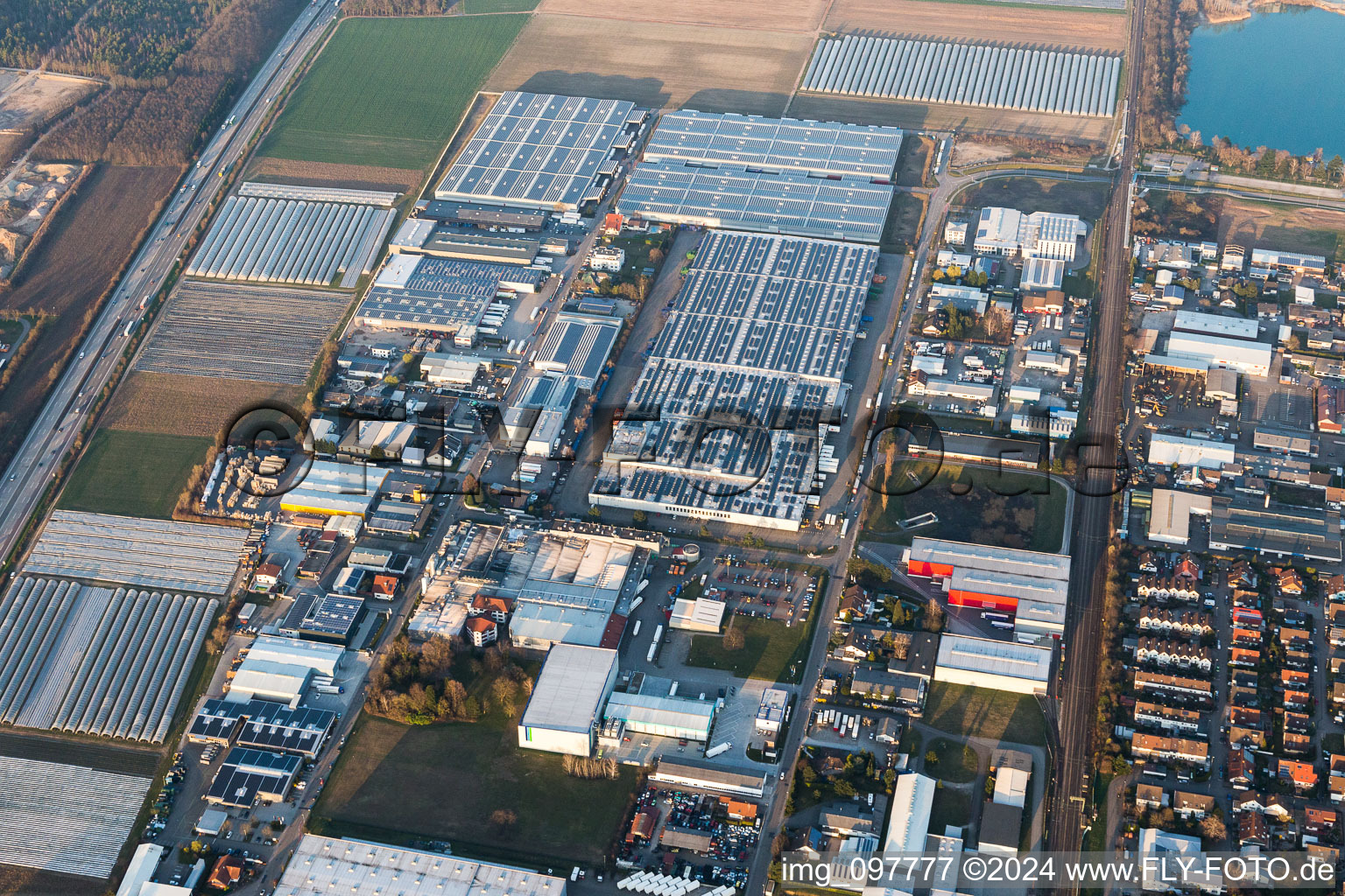 Aerial view of Industrial and commercial area on A5 with IHLE tires GmbH in Muggensturm in the state Baden-Wurttemberg, Germany