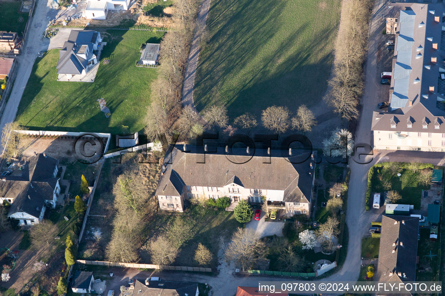 Aerial photograpy of Building complex of the former military barracks Cite of Cadres Camp in Oberrœdern in Grand Est, France