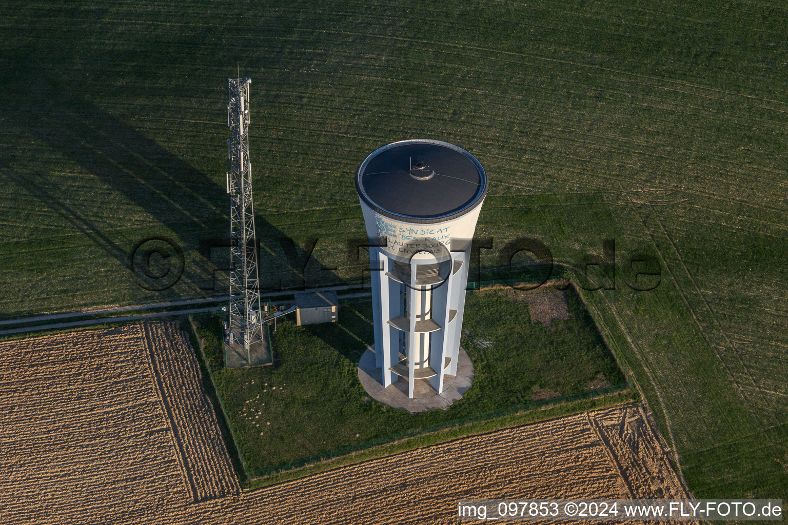 Building of water tower and mobile phone tower in Wintzenbach in Grand Est, France