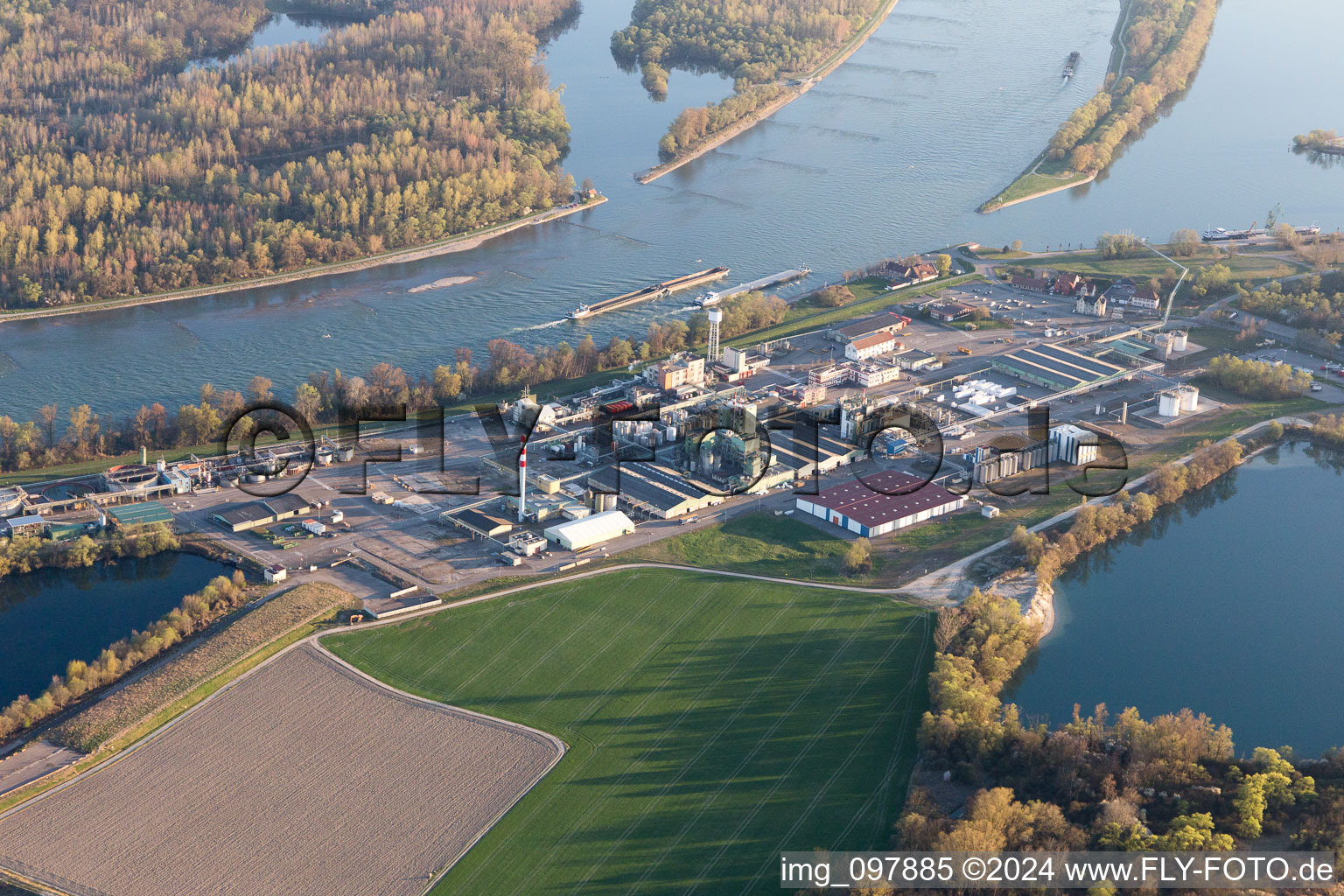 Aerial view of Industry on the Rhine in Lauterbourg in the state Bas-Rhin, France