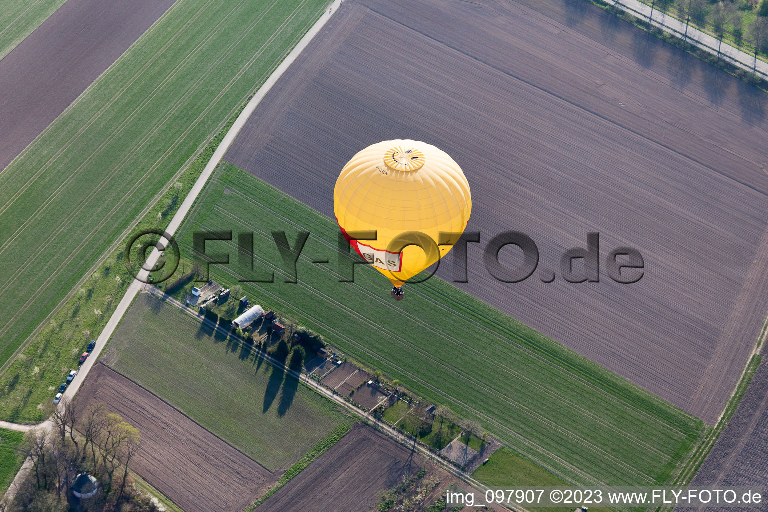 Aerial view of Balloon launch in the district Hayna in Herxheim bei Landau in the state Rhineland-Palatinate, Germany