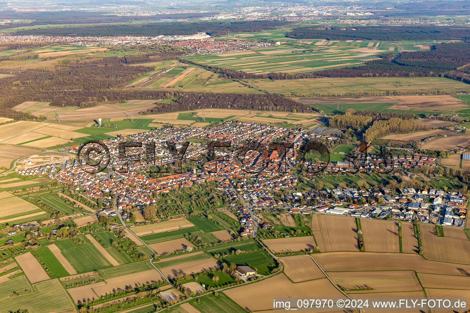 From the west in the district Liedolsheim in Dettenheim in the state Baden-Wuerttemberg, Germany