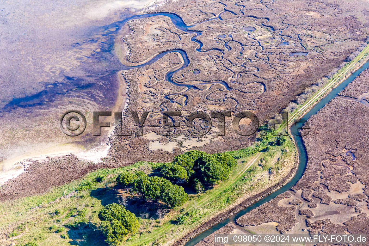 Oblique view of Marsh land on the Isola Marinetta in the Lido of Grado near Lignano Sabbiadoro in Friuli-Venezia Giulia, Italy