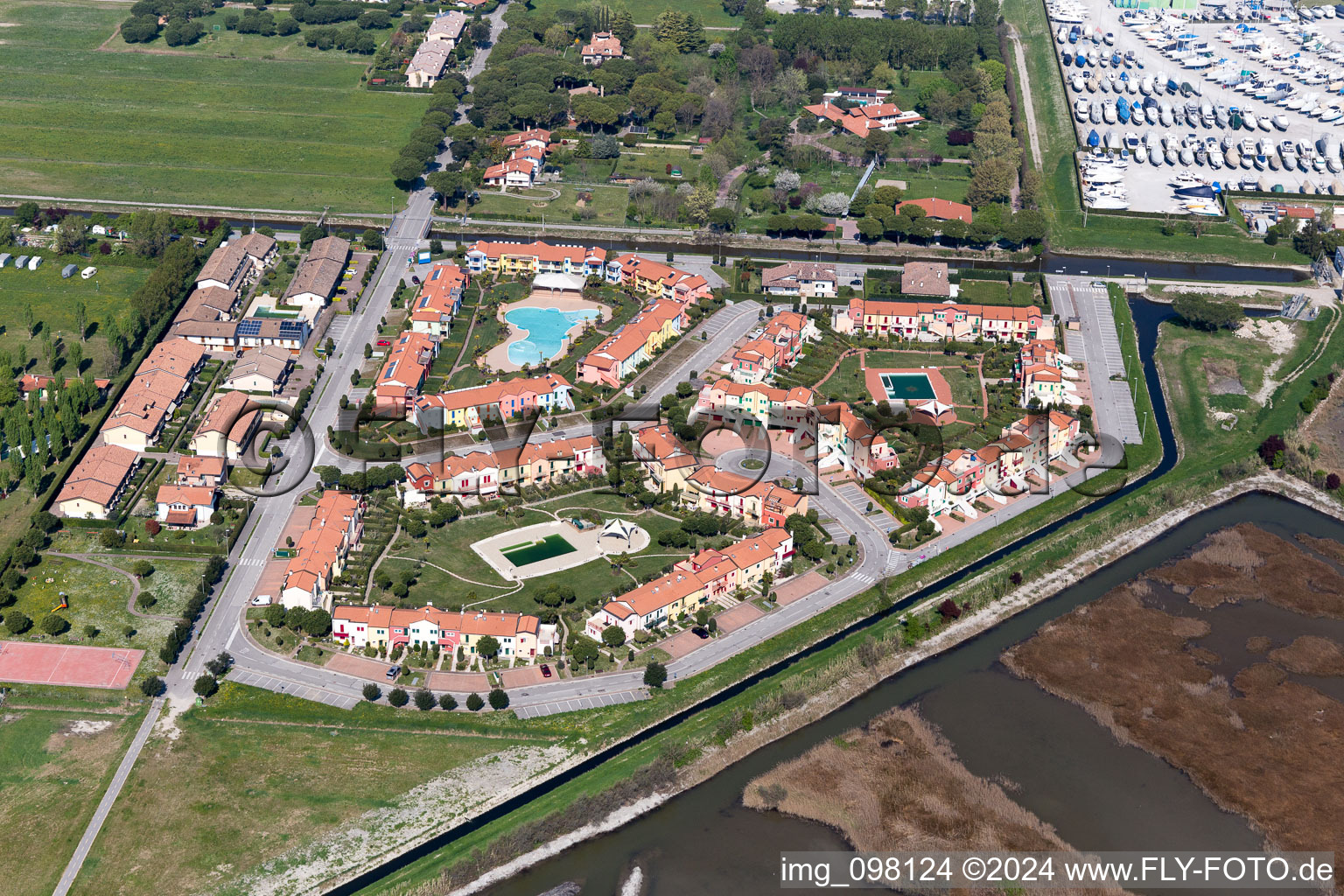 Pleasure boat marina with docks and moorings on the shore area of Marina Punta Gabbiani Aprilia Marittima in the district Aprilia Marittima in Bevazzana in Friuli-Venezia Giulia, Italy