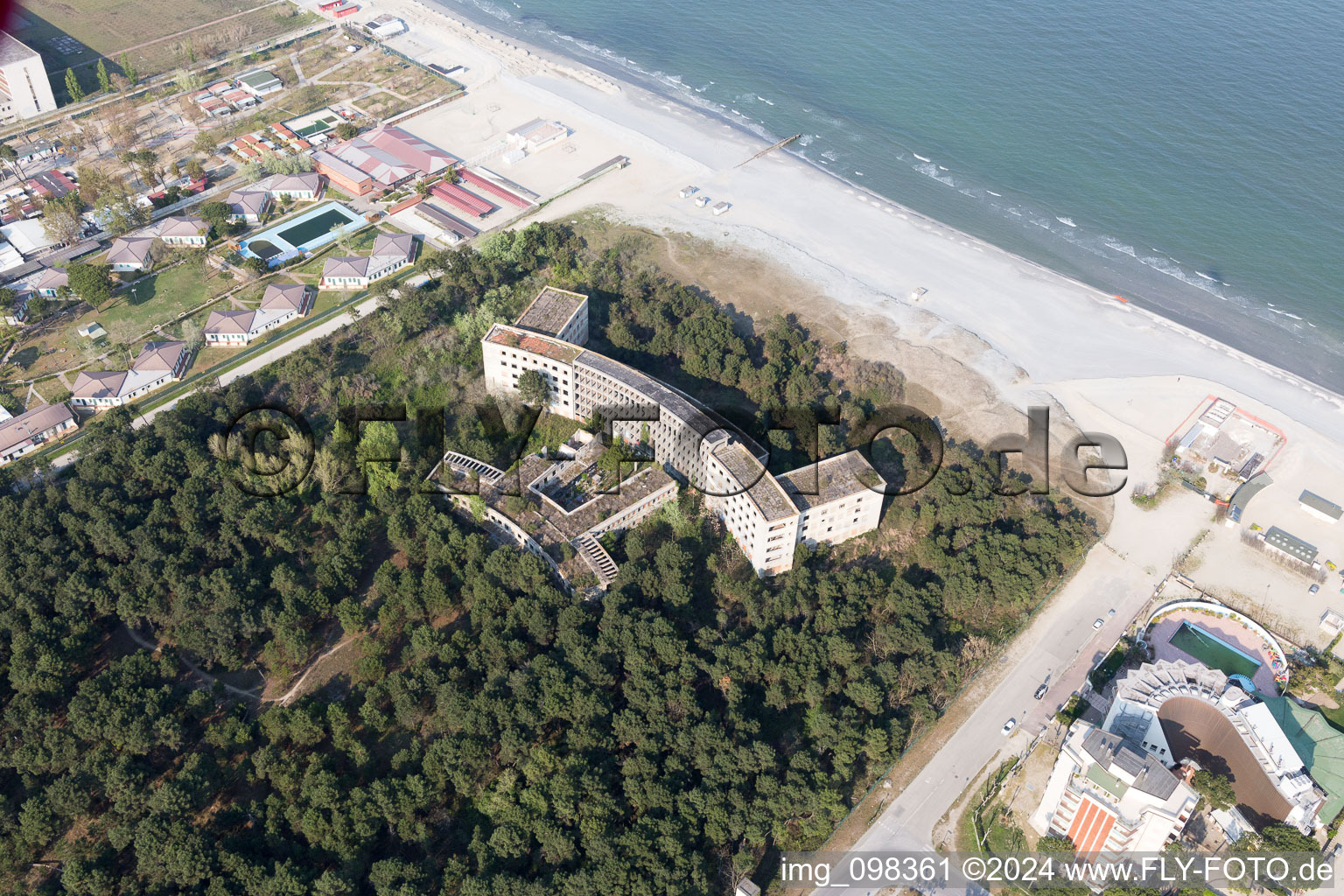 Aerial photograpy of Former fascist holiday and recreational park for children "Colonia Varese" at the Adriatic coast in Milano Marittima in Cervia in Emilia-Romagna, Italy