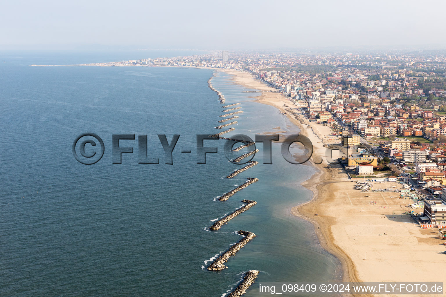 Beach landscape along the at the Mediterranean sea in Rimini in Emilia-Romagna, Italy