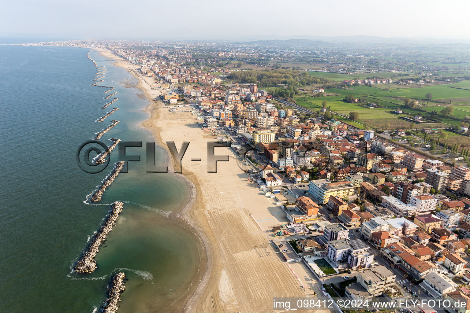 Aerial view of Beach landscape along the at the Mediterranean sea in Rimini in Emilia-Romagna, Italy