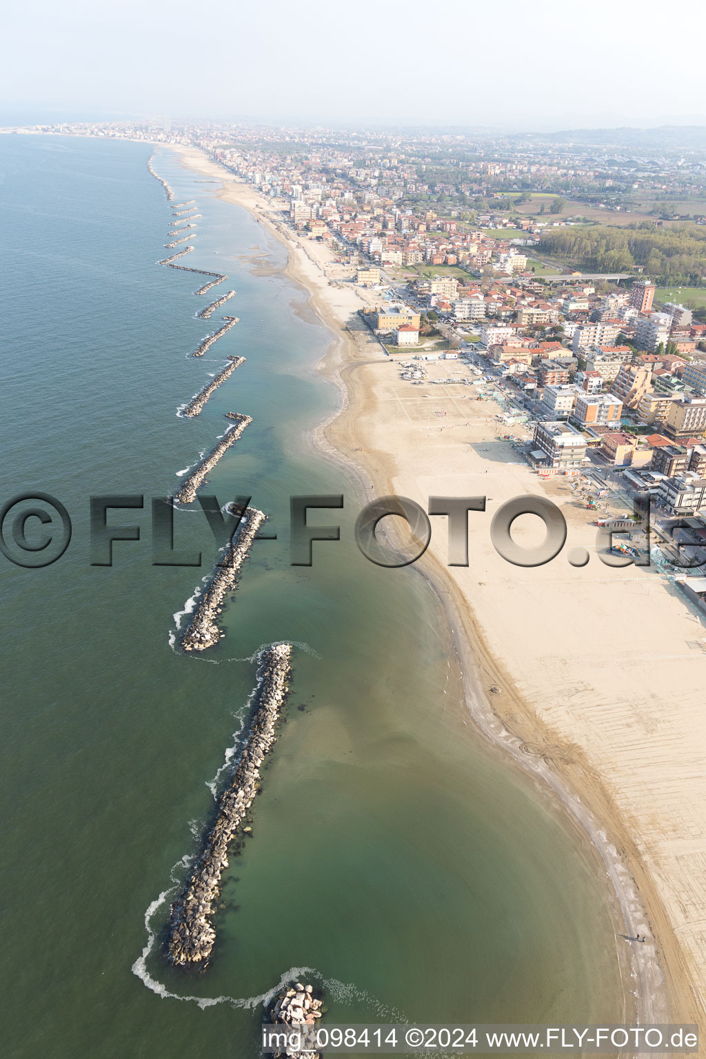 Aerial photograpy of Beach landscape along the at the Mediterranean sea in Rimini in Emilia-Romagna, Italy