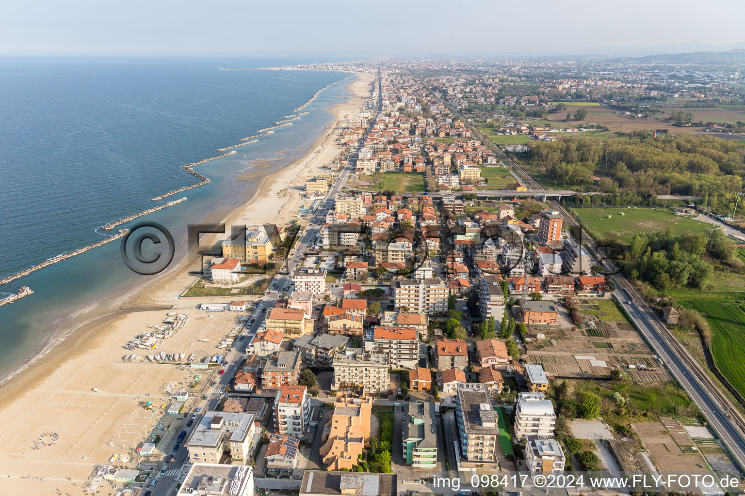 Oblique view of Beach landscape along the at the Mediterranean sea in Rimini in Emilia-Romagna, Italy